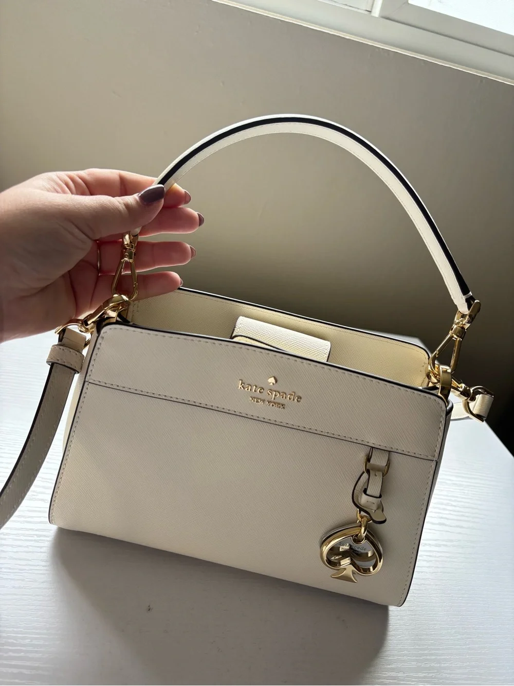 kate spade Cream Leather Top-Handle Satchel with Gold Charm